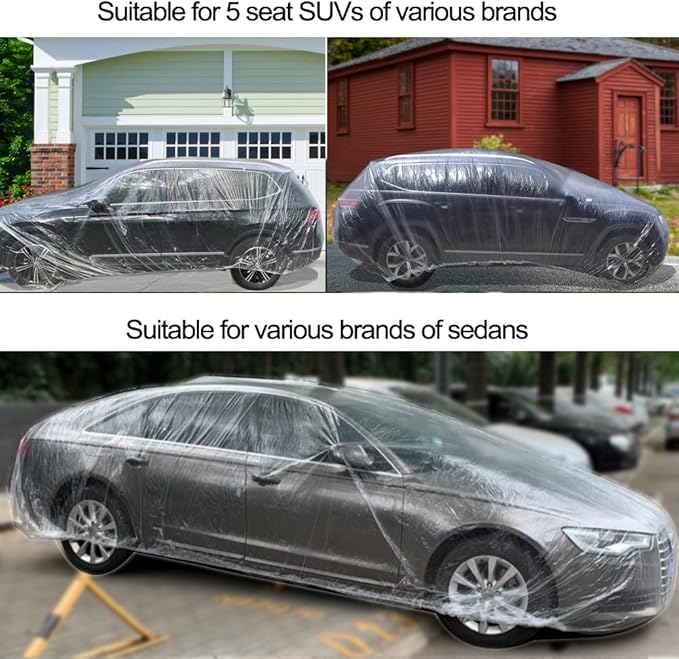 LuliKa 3 Packs Disposable Car Cover Clear Plastic Car Cover Universal Rain Dust Garage Cover with Elastic Band Medium (12.4 FT x 21.6 FT)…
