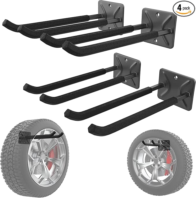 WALMANN Wall Mounted Garage Hooks, Heavy Duty 12-inch Tool Hooks for Hanging, Tool Hangers for Car Tires, Ladders, Folding Chairs, Strollers, Garden Tools (Pack of 4)