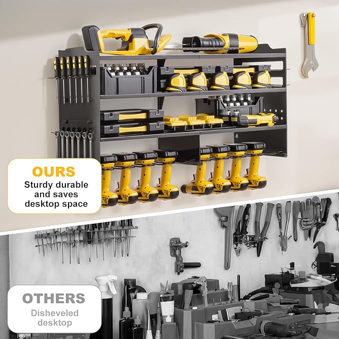oviitech Large Power Tool Organizer Wall Mount, 8 Drill Holder Wall Mount Loads 400lbs, 4 Layer Heavy Duty Metal Power Tool Storage, Black, Utility Rack for Garage Workshop, Gifts for Men