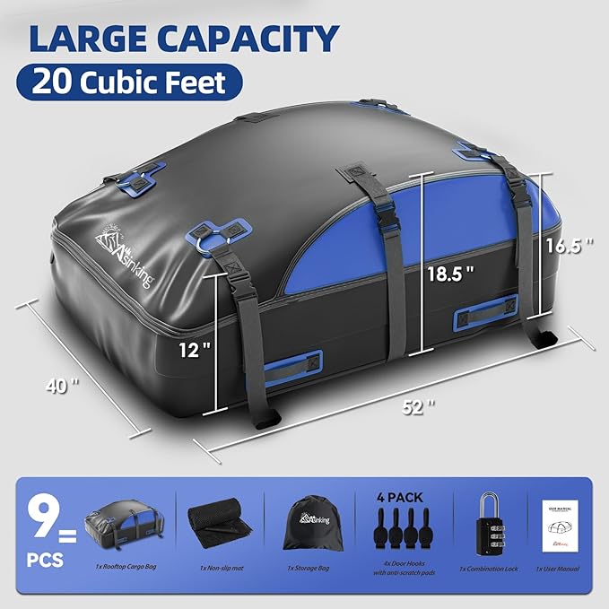 Asinking Car Rooftop Cargo Carrier Bag 20 Cubic Feet, 100% Waterproof Roof Bag Top Luggage Carrier for Any Vehicles with/without Rack Cross Bar, Includes Anti-Slip Mat +4 Door Hooks +Storage Bag +Lock