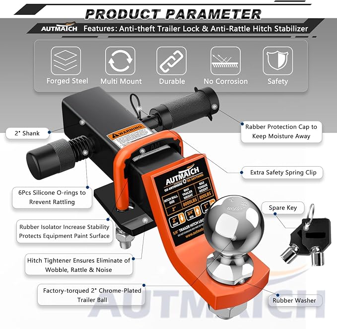 AUTMATCH Trailer Hitch Ball Mount with 2 Inch Hitch Ball - Fits 2" Receiver with Hitch Tightener, 8000Lbs Capacity Ball Hitch, 2-Inch Drop with 5/8" Hitch Lock Pin, Orange & Black