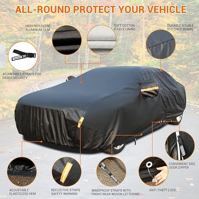 Tecoom All Weather Car Cover Waterproof Windproof Hail Protector with Fleece Lining & Zipper Door, UV Sun Protection, Fit for Sedan (170"–190"), Black