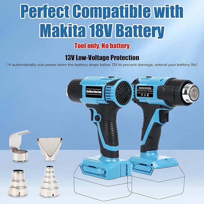 【380W・1022°F & 572°F】Cordless Heat Gun Compatible with Makita 18V Battery, Portable Hot Air Gun Fast Heating Dual Temp with LED Light 4 Nozzles for Shrink Tubing, Resin & Vinyl Wrap (No Battery)