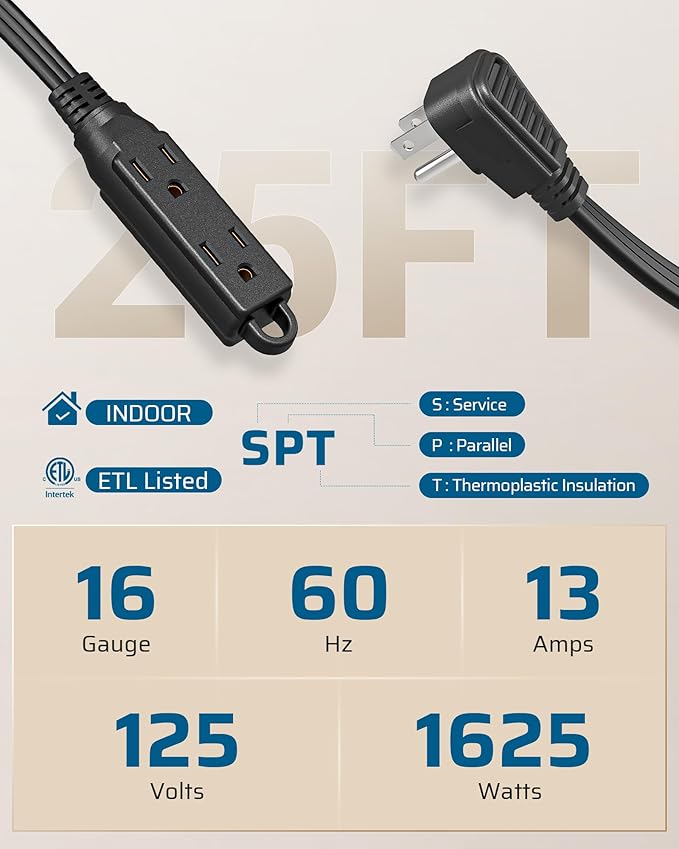 DEWENWILS Flat Plug Extension Cord, 25 FT 16/3 Awg Grounded Power Cable, 3 Outlets Power Strip for Indoor Use, SPT-3 Cord, Space Saving for Office, School, Travel, Dorm, ETL Listed, 1 Pack, Black