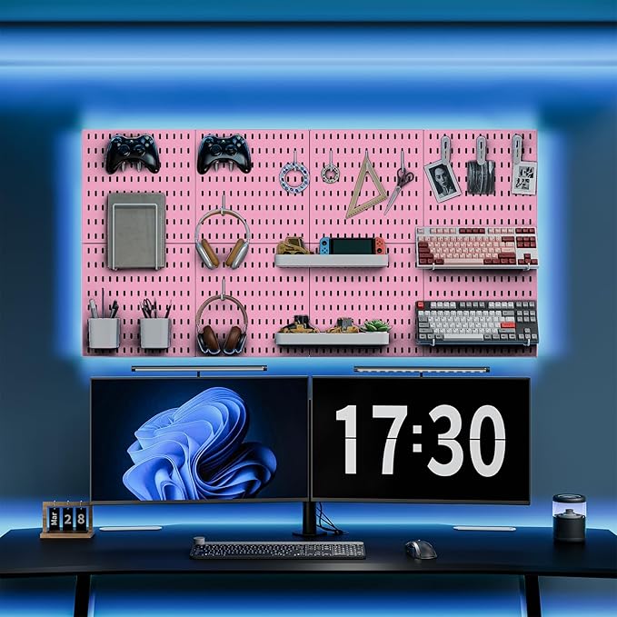 MULSAME Pegboard Combination Kit, Wall Mounted Storage Set with 8 Pegboards & 32 Accessories Hanging, Pink Peg Boards Organizer for Walls Display, Crafts Organization, Kitchen Organizer, 22" x 44"