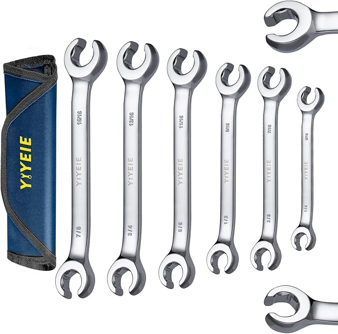 6 Pc. Flare Nut Wrench Set, SAE 1/4" to 15/16", CR-V Steel, Brake Fuel Line Wrench Set with Roll-up Pouch