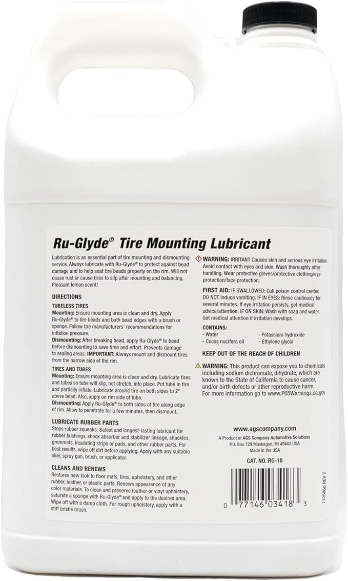 Ru-Glyde Tire Mounting Lubricant by AGS – 1 Gallon | Tire Bead Seating Lube & Rubber Rejuvenator | Prevents Rim Rust | No-Mix, Ready-to-Use Formula for Tire Changers, Auto Shops & DIY Tire Install