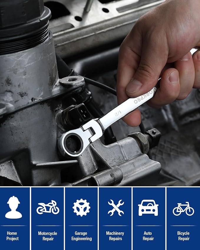 WORKPRO 1/2" Ratcheting Combination Wrench SAE, CR-V Constructed with Mirror Polish Chrome Plating, 12-Point Design, 15-Degree Offset