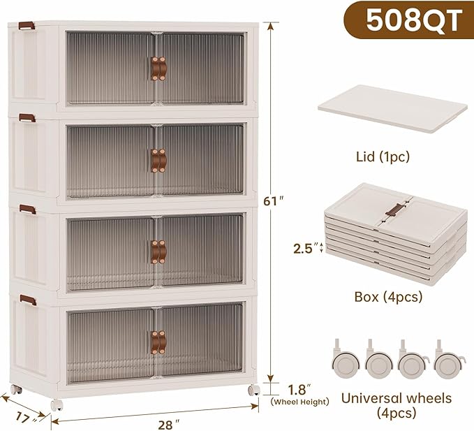 SAILUN 127Gal/508Qt Extra Large Stackable Storage Bins Folding Collapsible Storage Bins with a Lid, Closet Organizers Blush White 28" W x 17" D x 61" H