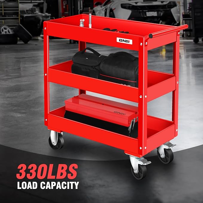 DNA Motoring 3-Layer Steel Utility Service Cart with Casters for Warehouse, Garage, Office, Supports Up to 330 lbs, Red, TOOLS-00413