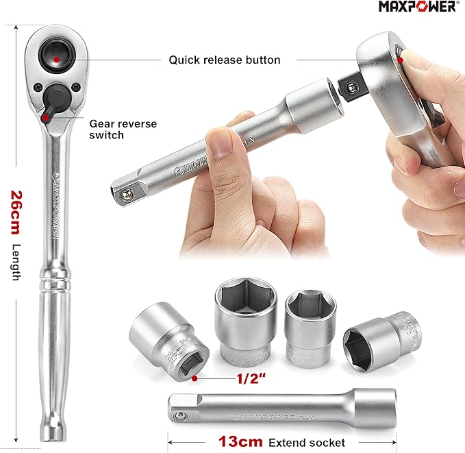 MAXPOWER 1/2" Drive Socket Wrench Set, 16-Piece, Including 13-Piece SAE Sockets, 1/2" Drive Breaker Bar, 1/2" Ratchet Wrench and Extension Bar