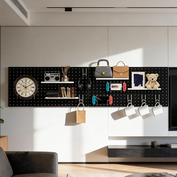 DEWEL Peg Board 2 Pack, 23x12 Inch Metal Pegboard Panels with Hooks, Black Heavy Duty Wall Organizer System for Garage Tool Storage, Workshop, Office and Craft Room（2pcs black）