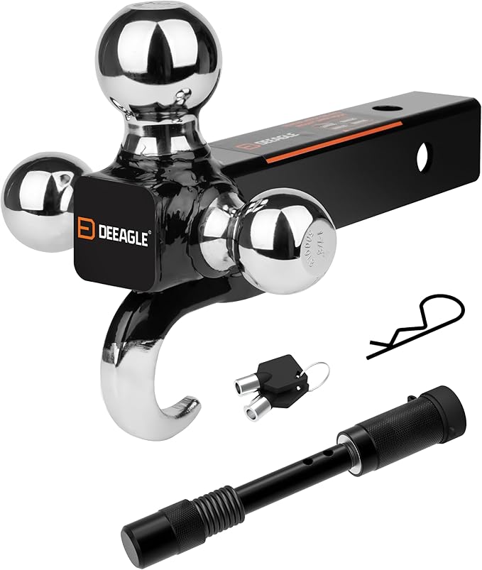 DEEAGLE 3 Ball Hitch with Hook, Tri Ball Hitch with 3.5” Hitch Pin Lock, 1-7/8", 2" and 2-5/16" Ball, Fit 2” Hitch Receiver, Heavy Duty Trailer Hitch, Include Pin Lock