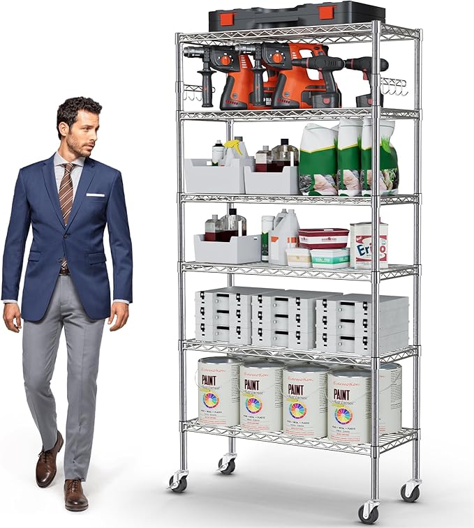 YNN Storage Shelves,6000Lbs 6 Tier Heavy Duty Metal Rolling Shelving Unit with Wheels & 8 Hooks, Adjustable Garage Wire Rack for Kitchen, Bathroom,Industrial,Pantry(36" W x 14" D x 72" H, Chrome)