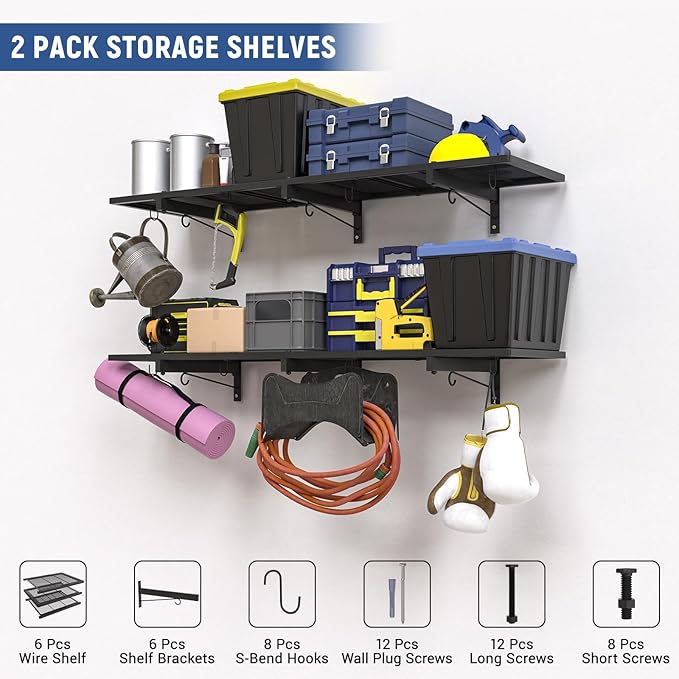2 Pack Garage Wall Shelf, Heavy Duty Garage Shelving, 46"X 12.5" Wall Mounted Floating Shelves, Metal Hanging Storage Rack with 8 Hooks, Utility Organizer Max Load 320 LBS for Laundry Room, Workshop