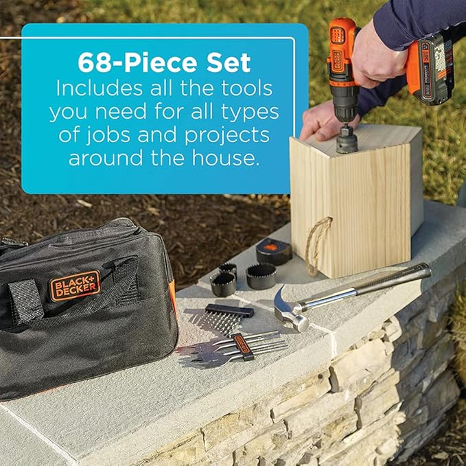 BLACK+DECKER 20V MAX 68-Piece Cordless Drill and Home Tool Project Kit with Tool Storage Bag (LDX120PK)