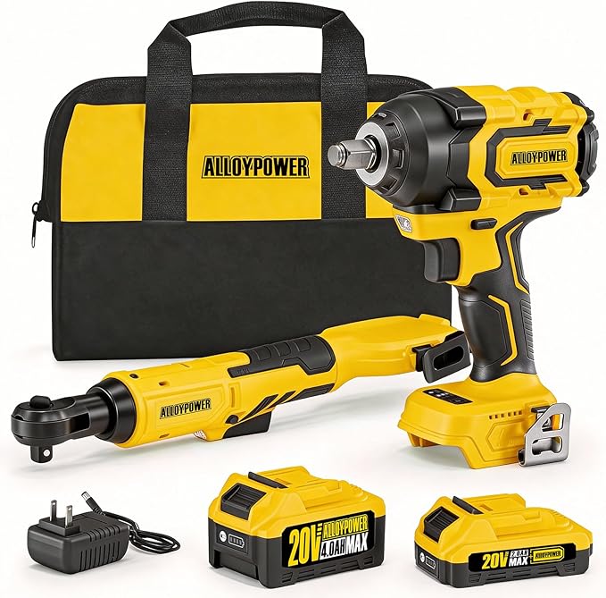 20v 3/8'' Cordless Ratchet Wrench 44 ft-lbs (60 Nm) and 1/2'' Brushless Impact Wrench 516 ft-lbs(700 Nm) Combo Set, with Variable Speed, LED Light, 4.0Ah &2.0Ah Battery, Charger