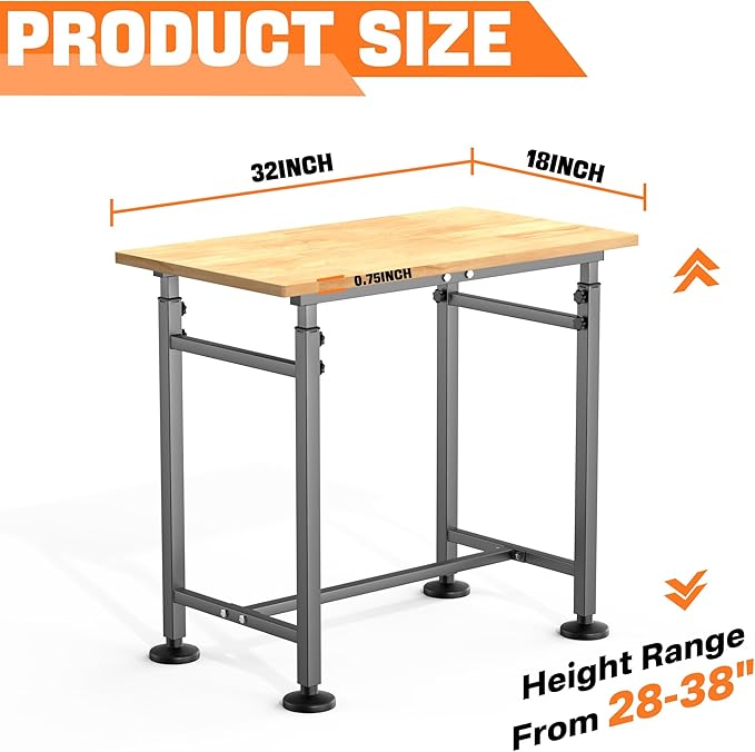 TORACK Adjustable Workbench with Rubberwood Top, 32" x 18" Heavy-Duty Garage Work Table, Height Adjustable 28"–38", Supports Up to 1500 lbs