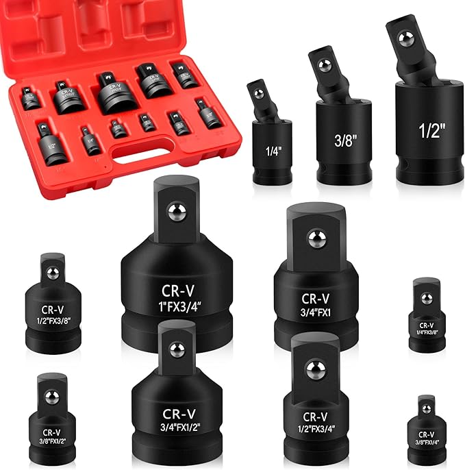 11PCS Impact Socket Adapter and Reducer Set, 1/4" 3/8" 1/2" 3/4" 1" Inch Square Drive Wrench Adapter, CR-MO Steel, for Drill, Breaker Bar, Ratchet Drive, Christmas Stocking Stuffers for Adults