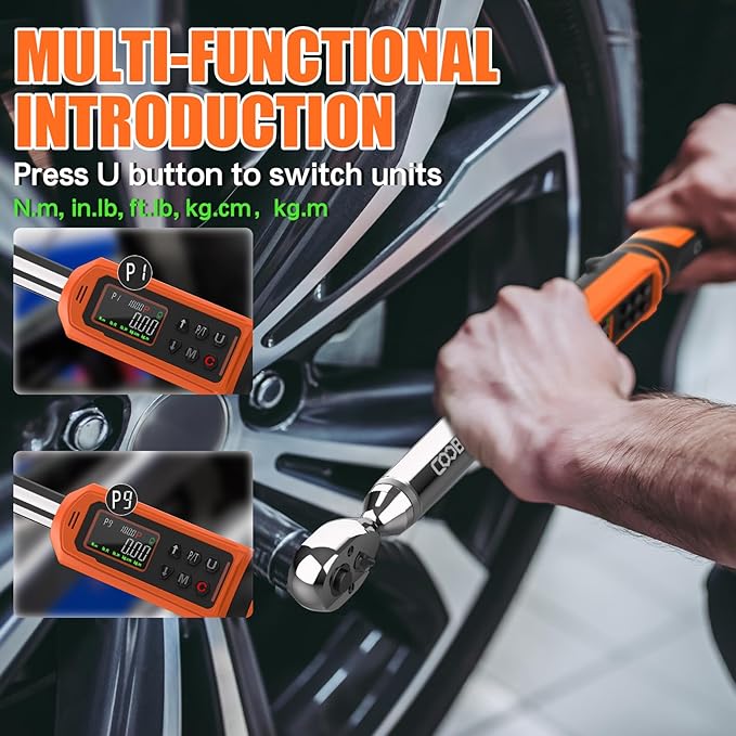 Digital Torque Wrench, 3/8 Drive Electronic Torque Wrench with Preset Value(1.5-99.5 Ft-lbs./2-135Nm), Buzzer and LED Flash Five Units of Measure for Bike Motorcycle Car