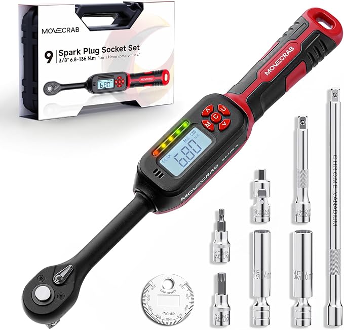 3/8 Torque Wrench Digital (5-99.6 Ft.Lb/6.8-135 N.m) ±2% Accuracy Digital Spark Plug Socket & Tire Inch Pound Torque Wrench with Buzzer and LED Flash Notification Track Mode for Moto Auto