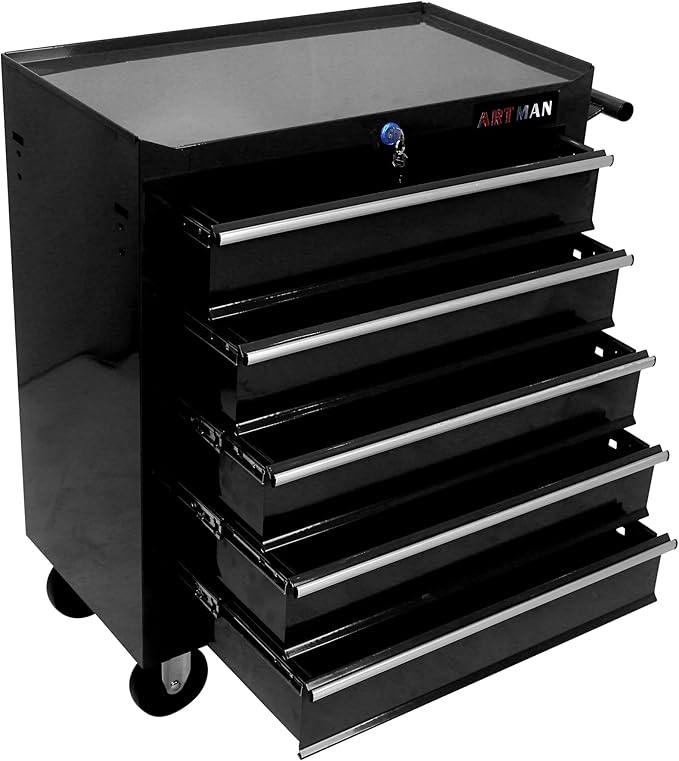 YOPTO Multifunctional Cart with 5 Ball-Bearing Drawers,Portable Rolling Tool Chest W/ 4 Wheels,Key Locking and Pull Handle,for Garage,Warehouse,Workshop,Repair Shop,Black