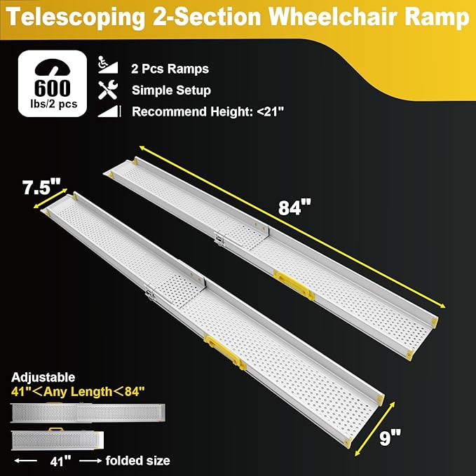 Ruedamann 7FT Adjustable Wheelchair Ramp, 9" Wider Portable Ramp for Wheelchair, 600 lbs Per Pair Capacity, Telescopic Aluminum Wheelchair Ramp for Home, Doorways, Curbs, Scooters, 2Pcs