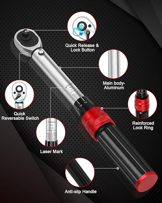1/4inch Drive Torque Wrench Set, 32-Piece 10-220 in.lb (1-25 Nm) Click Bicycle Torque Wrench with Bit Sockets, 0.1 Nm Micro, 72-Tooth Ratchet, 3/8 Adapter, for MTB, E-Bike, Motorcycle