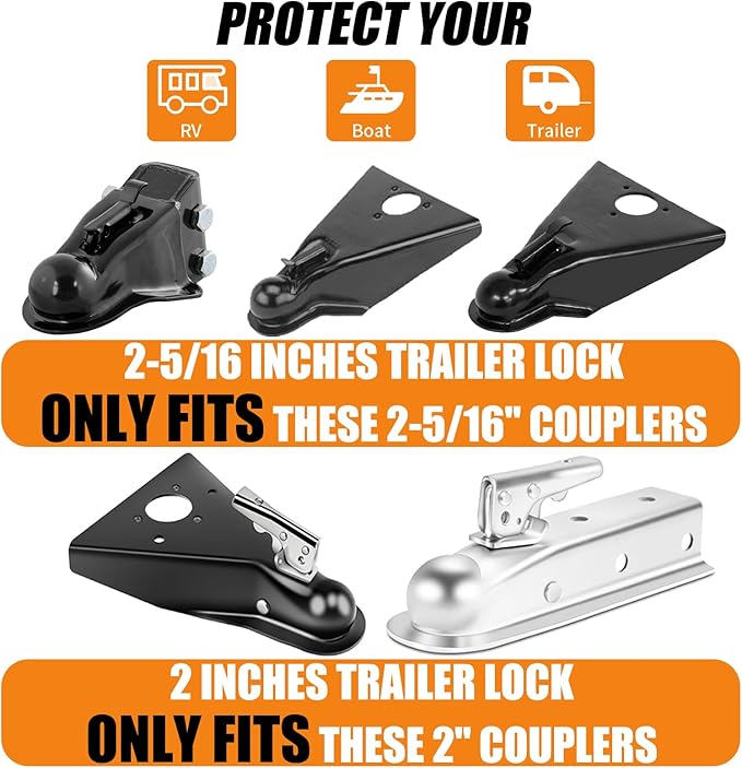 2" Heavy Duty Trailer Hitch Lock - Ball Coupler&Safety Chains Anti-Theft,Travel RV/Pop-Up Camper/Boat/Truck/Motorcycle/ATV/UTV/Flatbed/Cargo/Dump/Utility Trailer Tongue Lock Secure Design