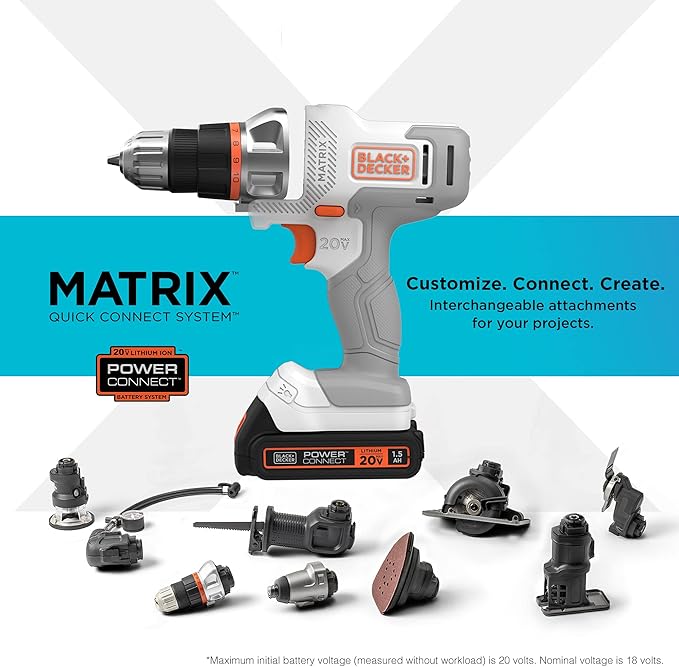 BLACK+DECKER 20V MAX Matrix Cordless Drill/Driver Kit, White (BDCDMT120WC1FF)
