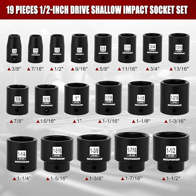 MIXPOWER 19 Piece 1/2-Inch Drive Standard Impact Socket Set, SAE, Shallow, 3/8" to 1-1/2", Cr-Mo Alloy Steel, Radius Corner Design, Impact Grade