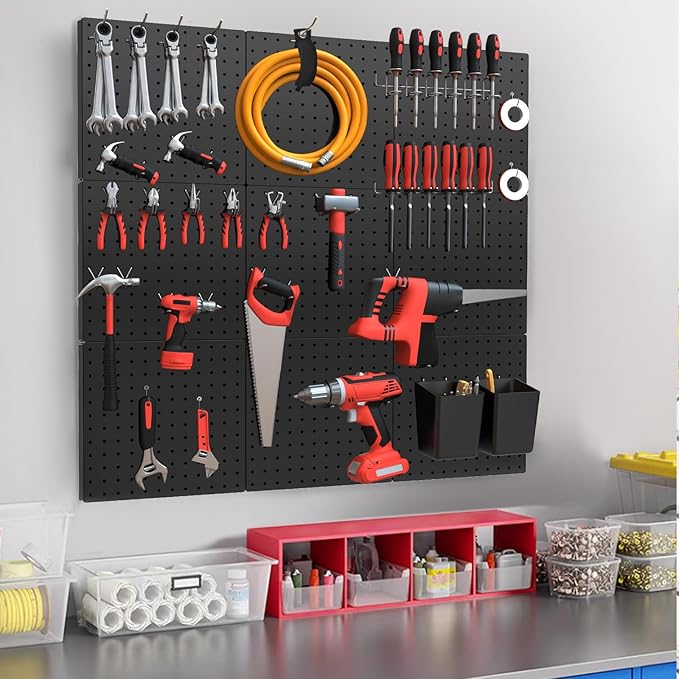 FZK Peg Board, 74PCS Metal Pegboard Wall Organizer Kit. Heavy Duty Pegboard, Peg Boards, Pegboard for Walls, Black Pegboard for Garage Craft Room Workbench Office Kitchen Tool Organization, 24 * 24