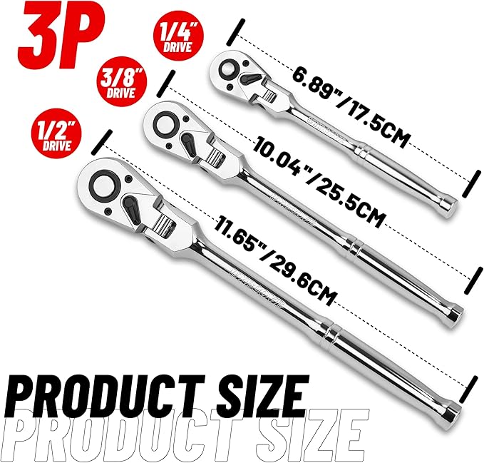 1/2 3/8 1/4 Inch Drive Ratchet Set, 3Pcs Flex Head Ratchet Set, 72 Tooth Quick Release Flexible Swivel Head Socket Ratchet Wrench Set