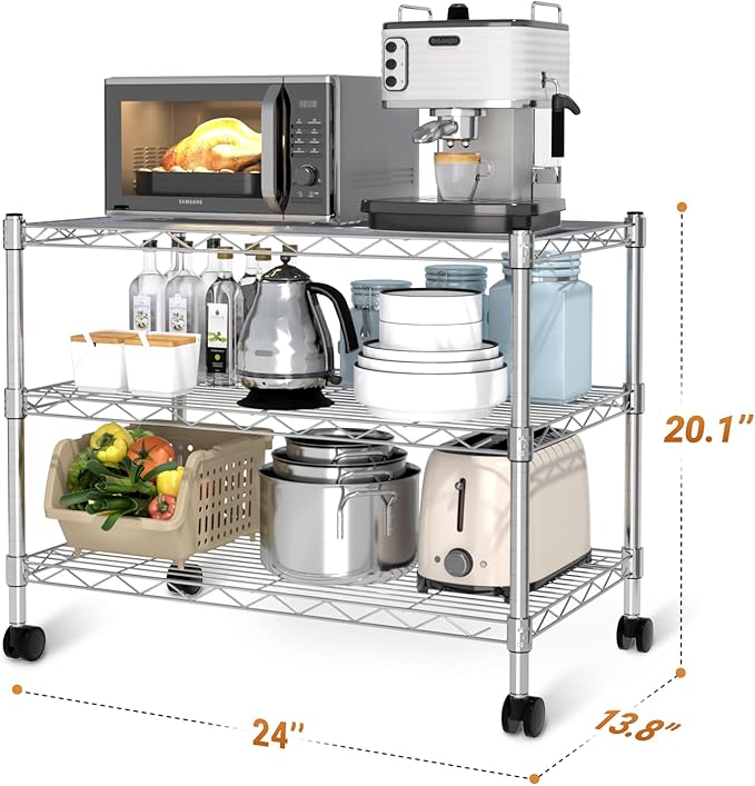 YSSOA 3-Tier Heavy Duty Storage Shelves 750Lb Capacity, 24.02" D x 13.78" W x 21.97" H Shelving Unit for Pantry, Garage, Laundry and Kitchen, Chrome