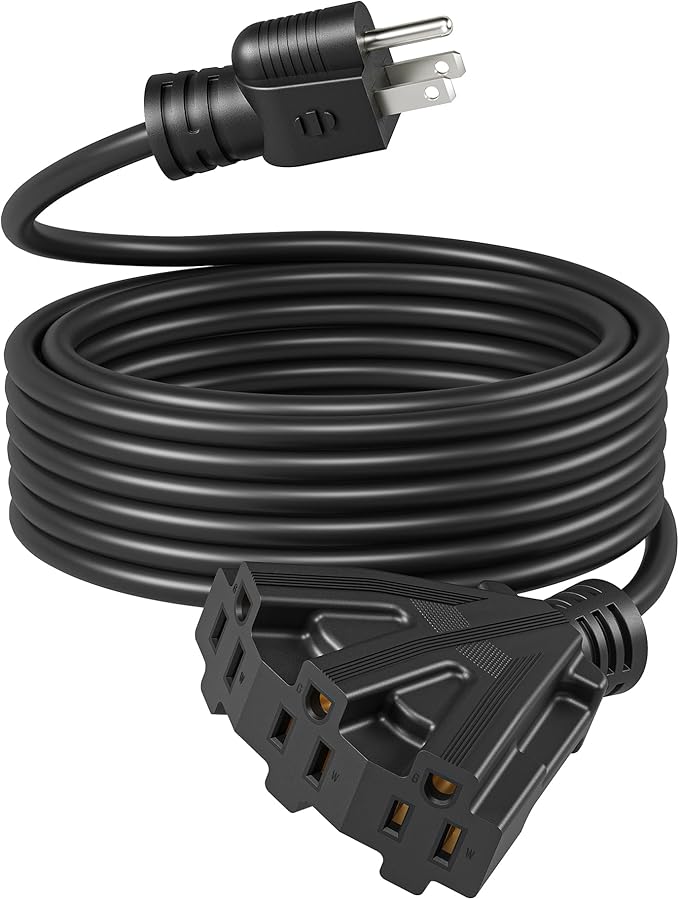 DEWENWILS 25FT Outdoor Extension Cord, Tri-Tap Extension Cord Splitter, 3 Outlet 16/3 SJTW Power Cable for Landscape Lighting String Lights, 13A/125V/1625W, ETL Listed, Black, 1 Pack