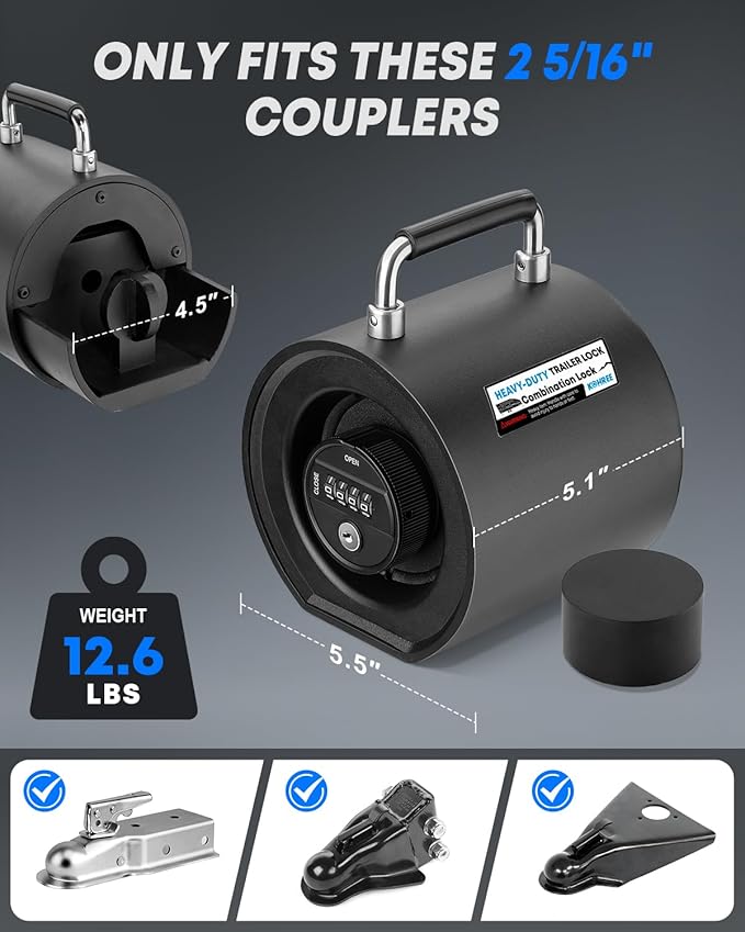 Kohree Keyless Trailer Lock Heavy Duty, 2-5/16" Trailer Hitch Coupler Lock, Anti-Theft Steel Combination Tongue Lock with Handle Easy Install for RV, Boat, Camper, Caravan