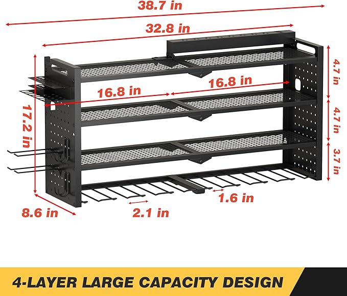 Power Tool Organizer Wall Mount with Charging Station, Heavy-Duty Metal Garage Tool Storage Rack & 8 Outlet Power Strip, 33 Inch Long 4 Tier Shelves for Workshop Organization