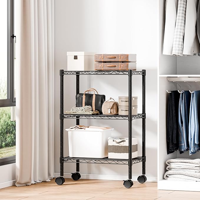 DUMOS Industrial 3 Level Grid Storage Rack ，Mobile Metallic Shelving System with Lockable Wheels， Multi-Purpose Cabinet for Workshop, Culinary Space, Storeroom, Washroom & Restroom Black