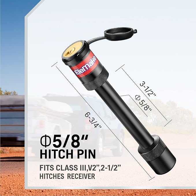 Elemake Hitch Pin Lock - Trailer Hitch Lock 5/8" Pin Tow Receiver Lock, Anti-Rust Brass Core Extra Long 3-1/2" Effective Length for Class III-V Receivers (2", 2-1/2"), Heavy Duty 20,000 LBS Towing