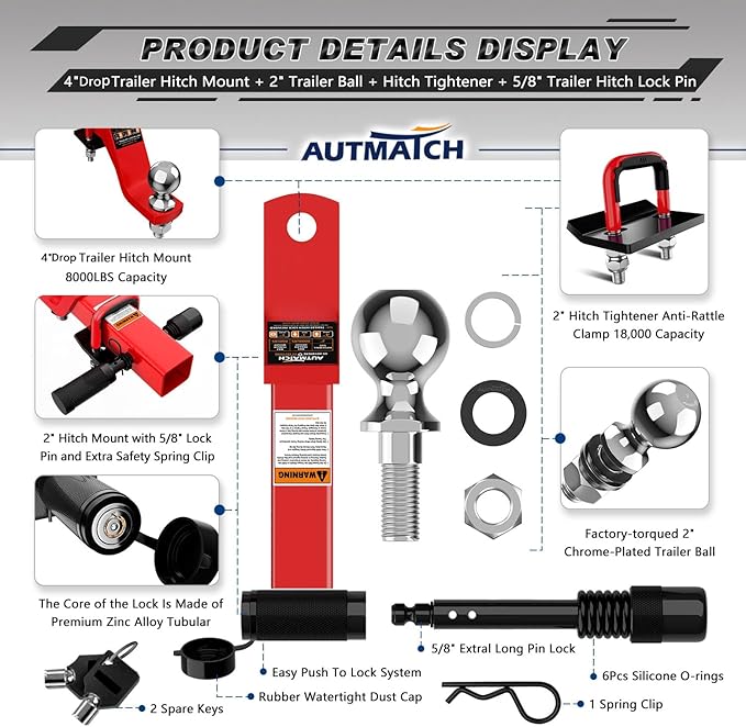 AUTMATCH Trailer Hitch Ball Mount with 2 Inch Hitch Ball - Fits 2" Receiver with Hitch Tightener, 8000Lbs Capacity Ball Hitch, 4-Inch Drop with 5/8" Hitch Lock Pin, Red