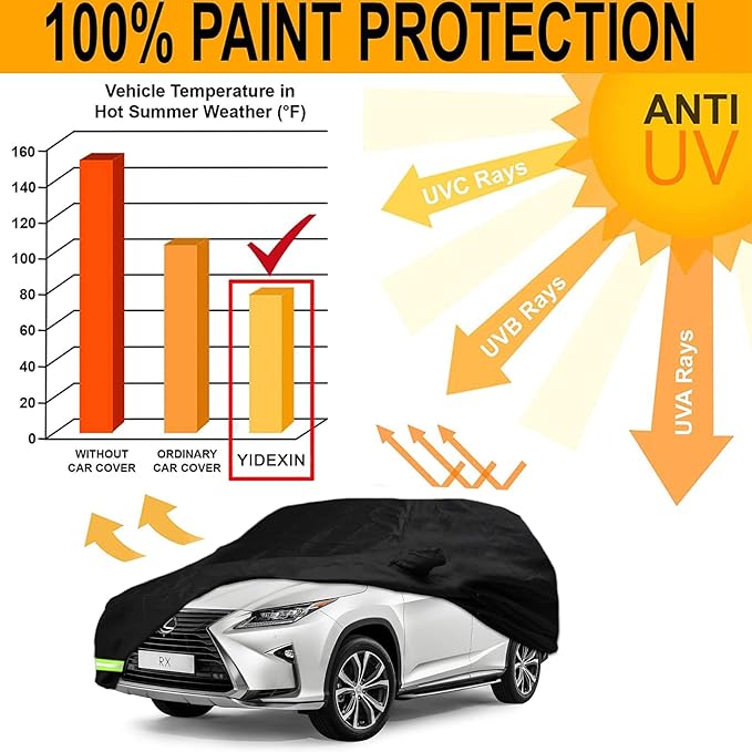 Yixin Waterproof Car Cover for 2004-2026 Lexus RX RX330 RX350 RX400H RX450H SUV Car Cover Custom Fit 100% Waterproof Windproof Strap & Single Door Zipper Up to 195” L (Black-for Lexus RX car Cover)