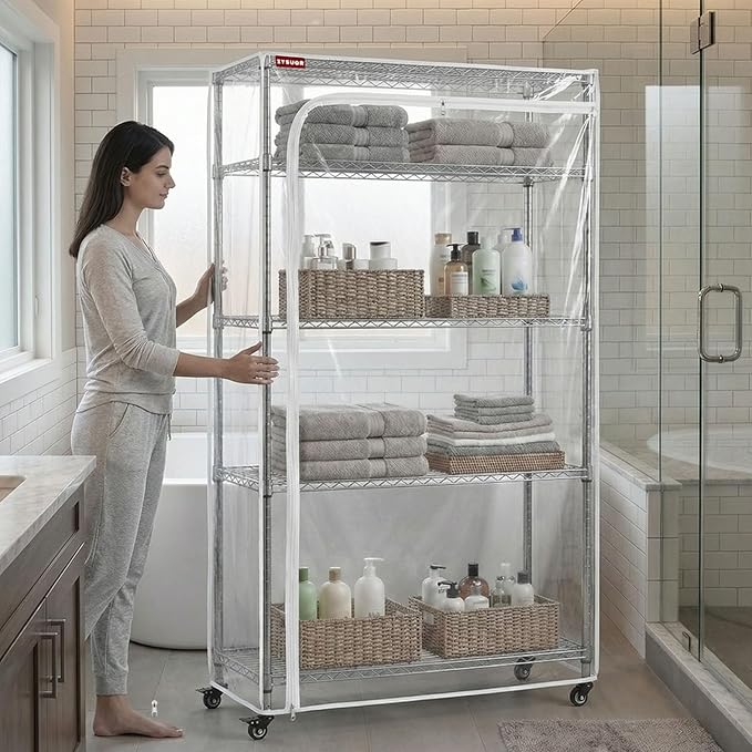 Clear PVC Wire Shelf Cover, 48" W x 18" D x 72" H, 3-Way Opening with Two-Way Zippers, Waterproof Transparent Shelving Cover for Storage Rooms & Utility Areas, Laundry Room, Kitchen & Garage