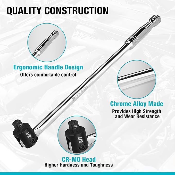 DURATECH Breaker Bar, 1/2'' Drive 17.5-Inch Breaker Bars Heavy Duty, with 240° Flex Head, Spring-loaded Detent Ball, Premium Chrome Alloy Made