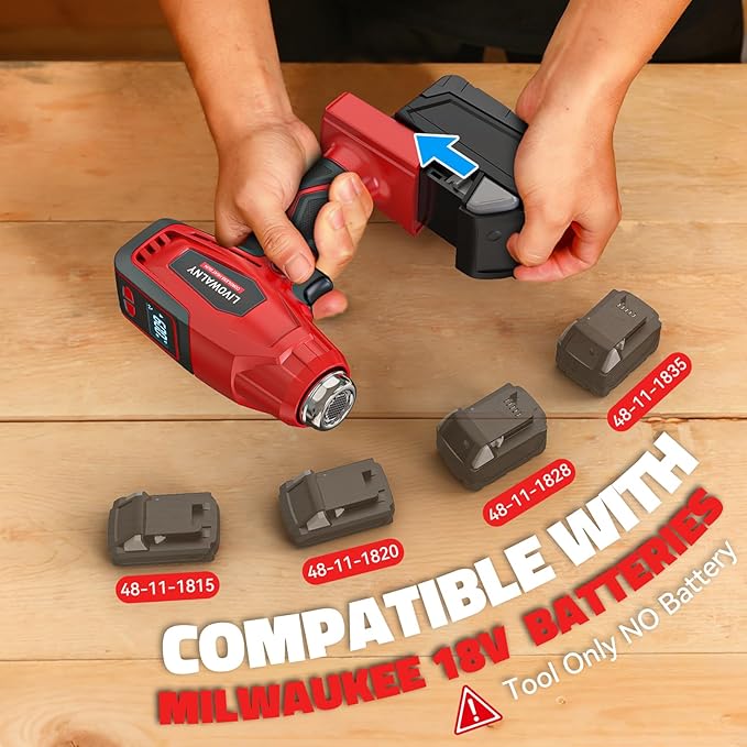 LIVOWALNY Cordless Heat Gun Compatible with Milwaukee 18V Battery, 260W High Power Hot Air Gun (68°F-1112°F) & Airflow Control Digital Display for Shrink Wrapping Crafting(Battery Not Included)