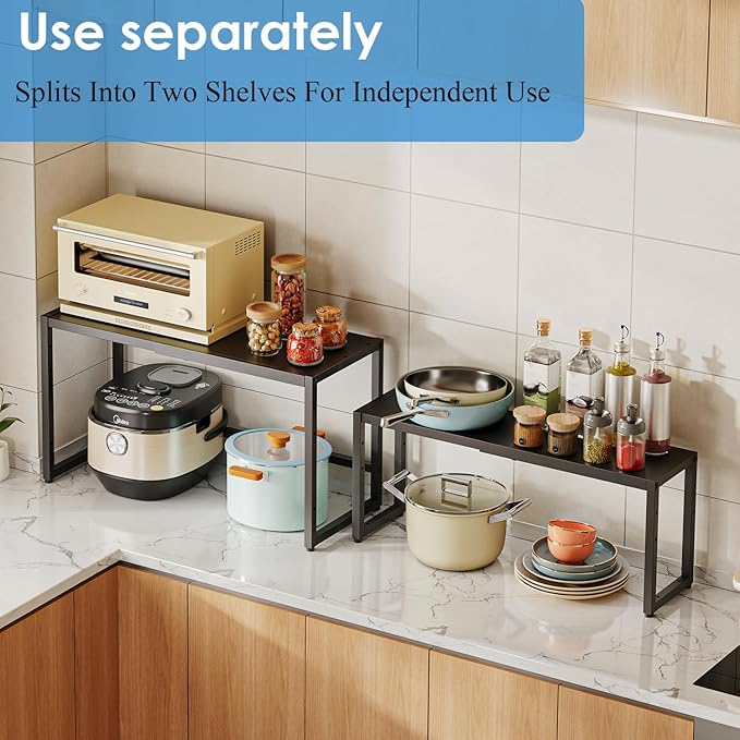2 Pack Expandable Storage Shelves (Small + Large), Heavy Duty Metal Shelving Unit Rack Pots Pans Microwave Small Appliances, Adjustable Height Storage Shelf Rack Organizer For Kitchen Cabinet Pantry