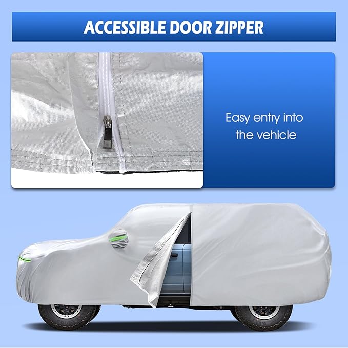 Car Cover Fit for Ford Bronco 4 Door 2021-2026, Migaven Waterproof Full Exterior Cover Sun Rain Protection with Door Zipper and Cotton Lining, Silver