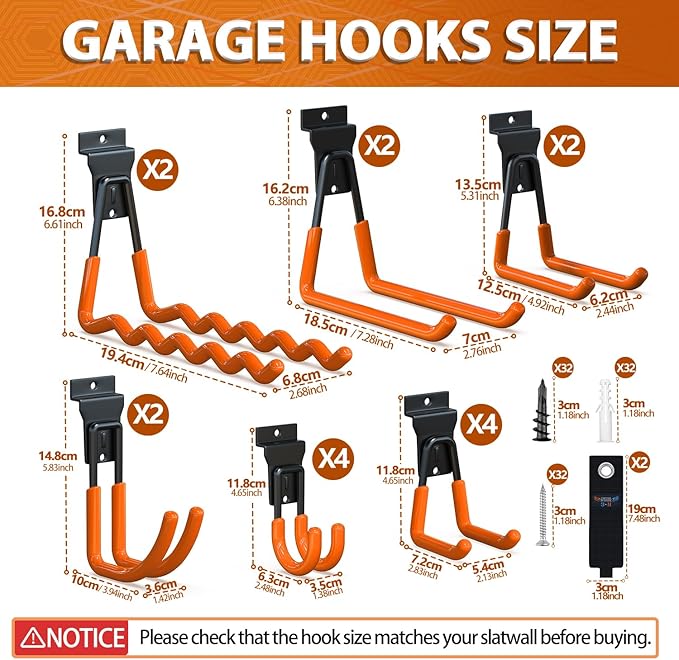 3-H Slatwall Hooks 18 Pack Heavy Duty Multi Sizes, Slatwall Accessories & Hangers Compatible with Proslat Handiwall Crownwall StoreWALL, Garage Slat Wall Hooks for Tools & Daily Items(Orange)