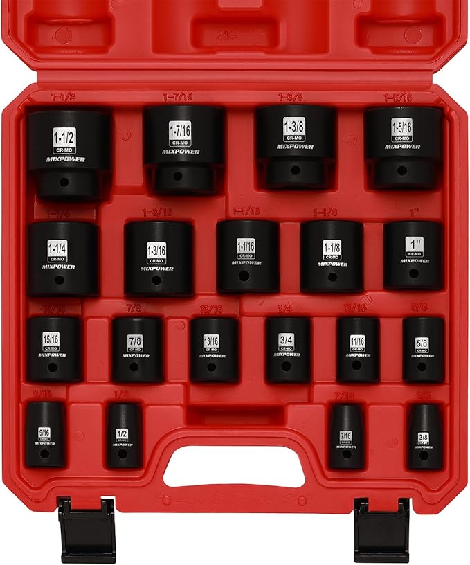 MIXPOWER 19 Piece 1/2-Inch Drive Standard Impact Socket Set, SAE, Shallow, 3/8" to 1-1/2", Cr-Mo Alloy Steel, Radius Corner Design, Impact Grade