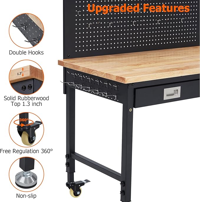 GarveeTech Adjustable Workbench for Garage, 48 in Rubber Wood Top Workbench With Drawer Storage Pegboard, 2000 LBS Load Capacity, Heavy Duty Workstation With Power Outlets & Wheels, Tool Storage Bench
