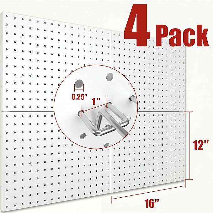 4 Pack Metal Pegboard Panels with 50 Hooks, White Pegboard Wall Organizer, Pegboard Accessories, Heavy Duty Garage Tool Storage System for Workbench, Workshop, Office, Craft Room